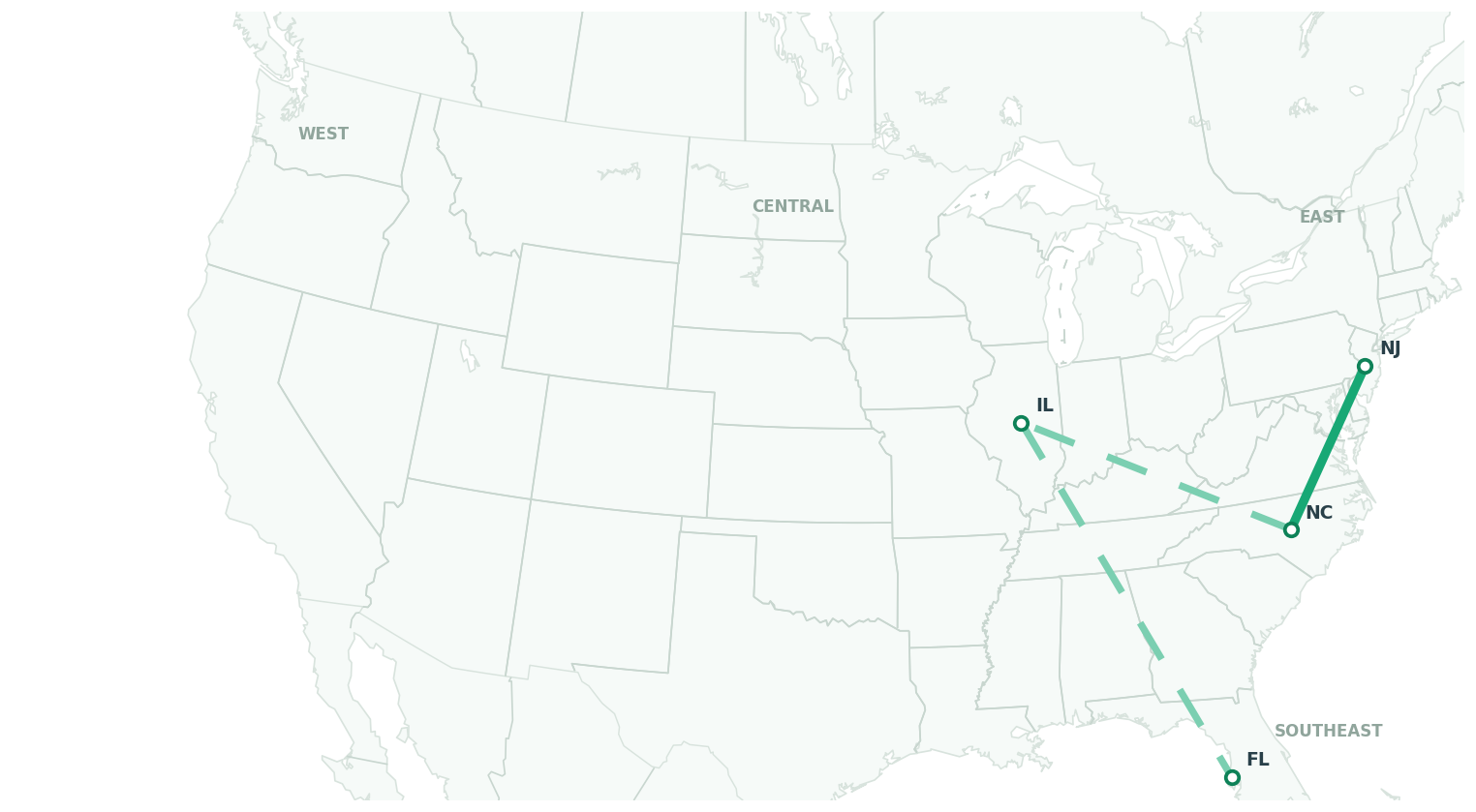 Weekly route map with U.S. state boundaries
